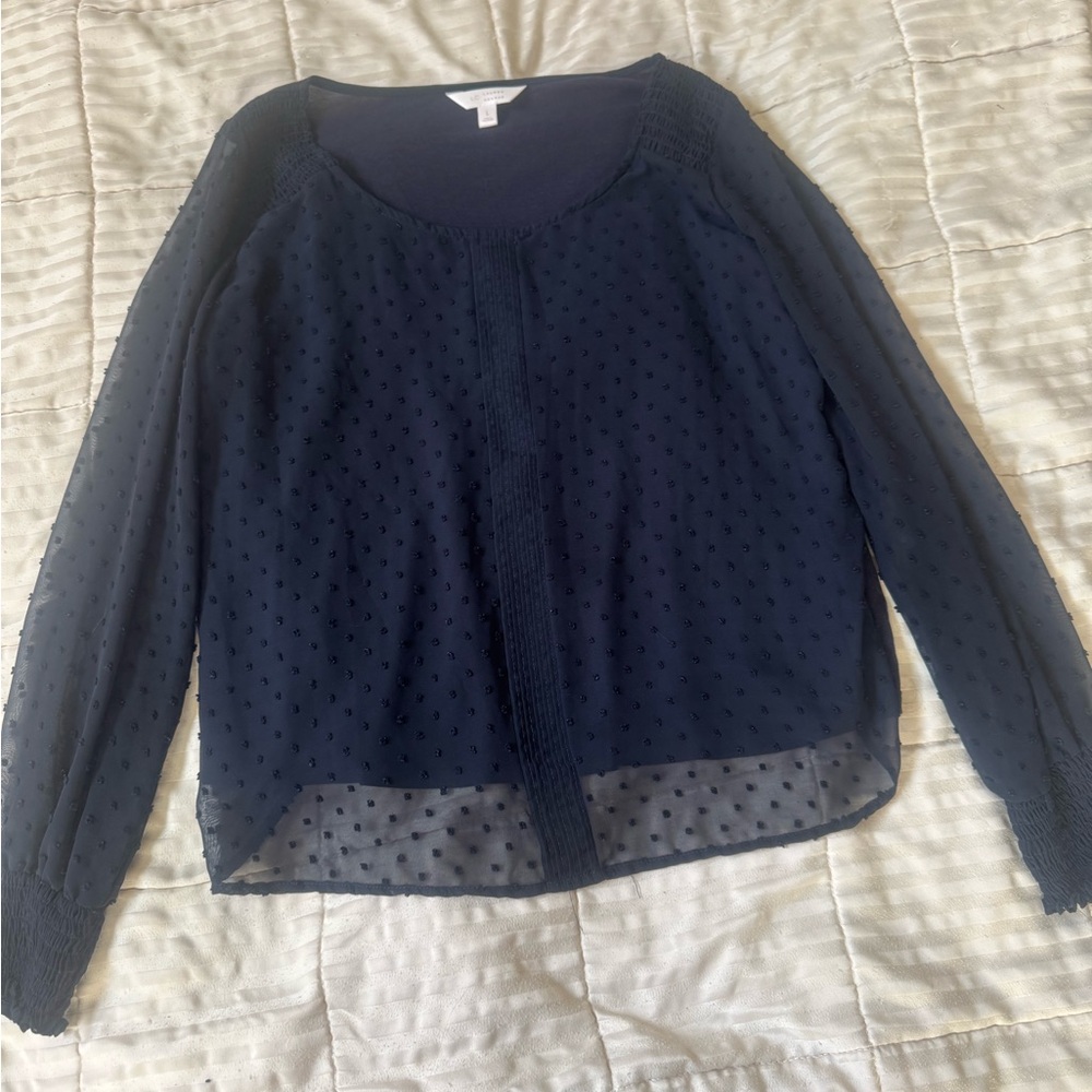 LC Lauren Conrad Navy Sheer Swiss Dot Long-Sleeve Blouse